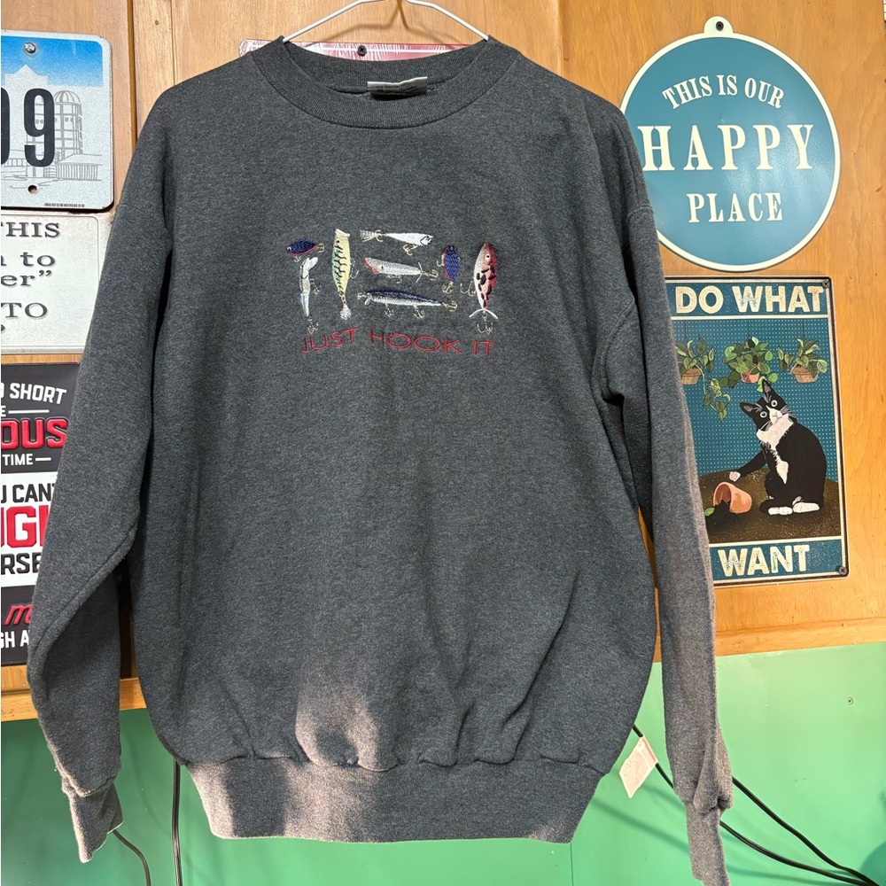 Just Hook It Dark Gray Sweatshirt Vintage